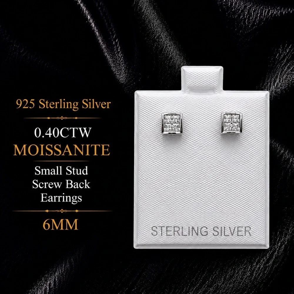 925 Sterling Silver Square 0.40CTW MOISSANITE  Stud Earrings Screw Back